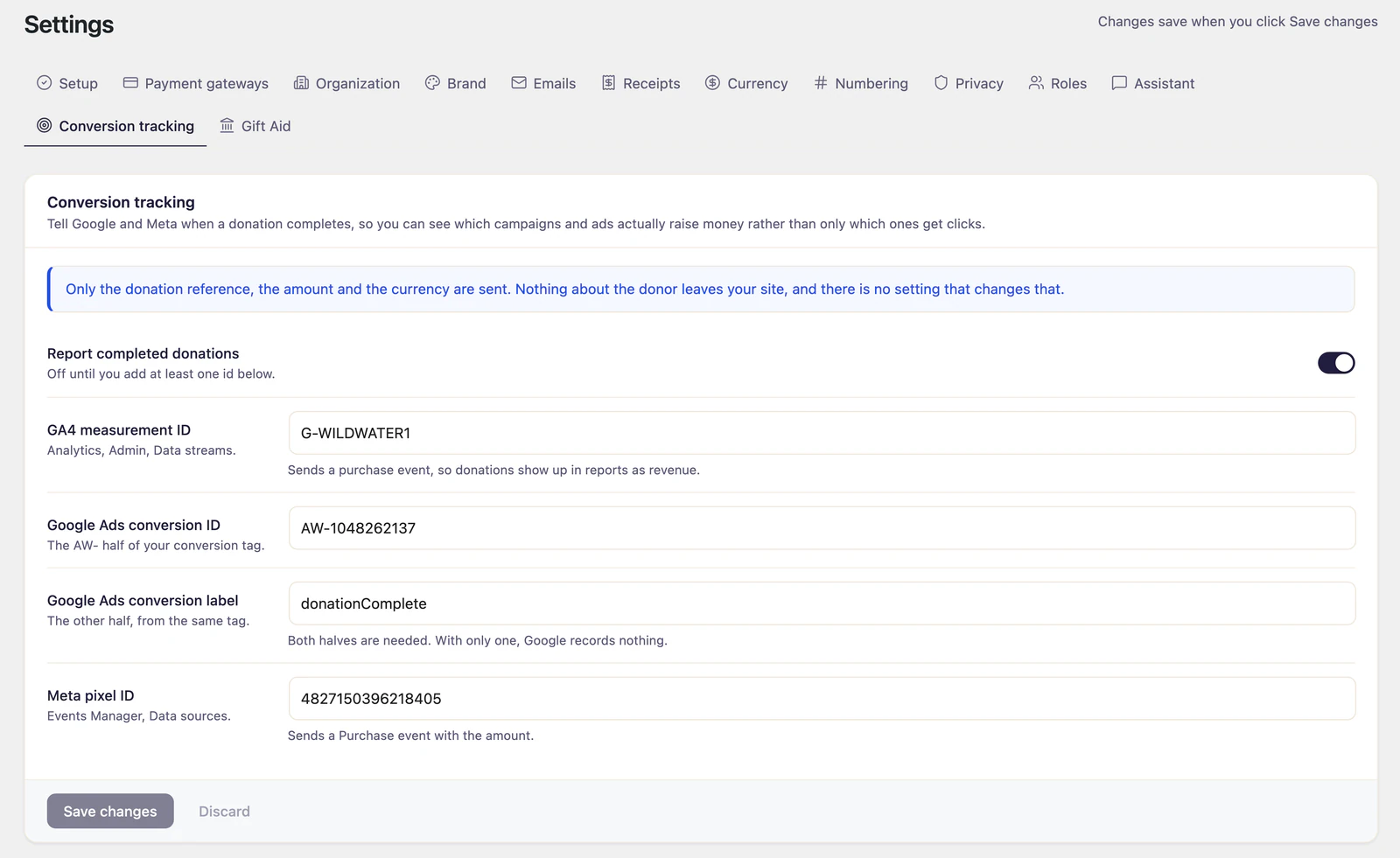 Conversion tracking settings with GA4, Google Ads and Meta IDs filled in