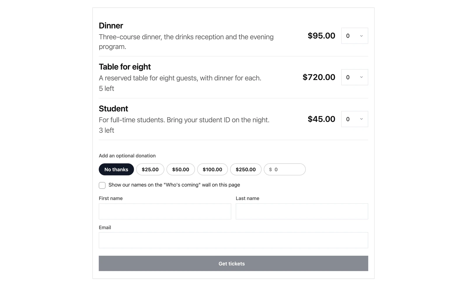 The tickets block on an event page, with ticket types, an optional donation and the buyer's details