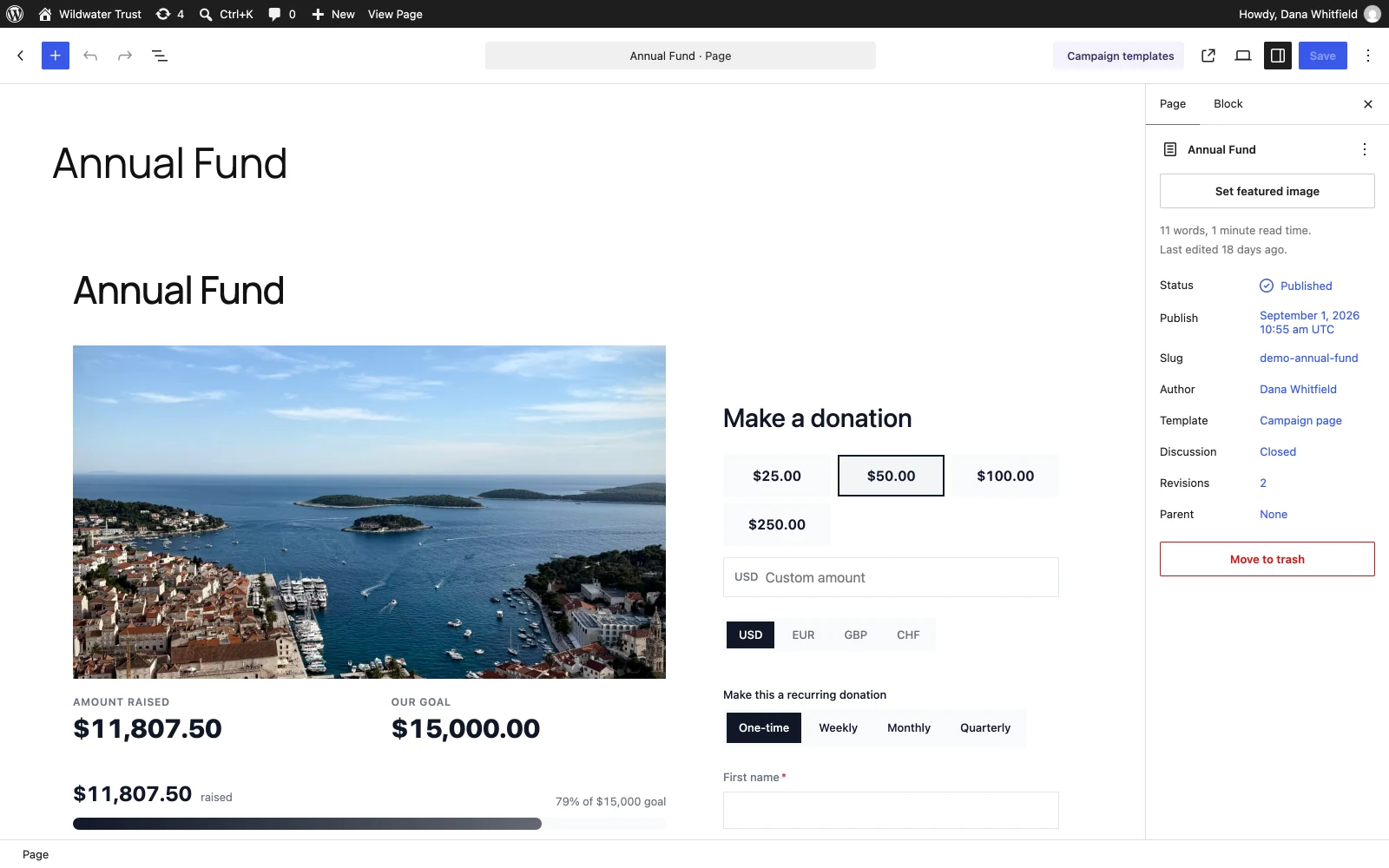 Auto-created campaign page with starter blocks