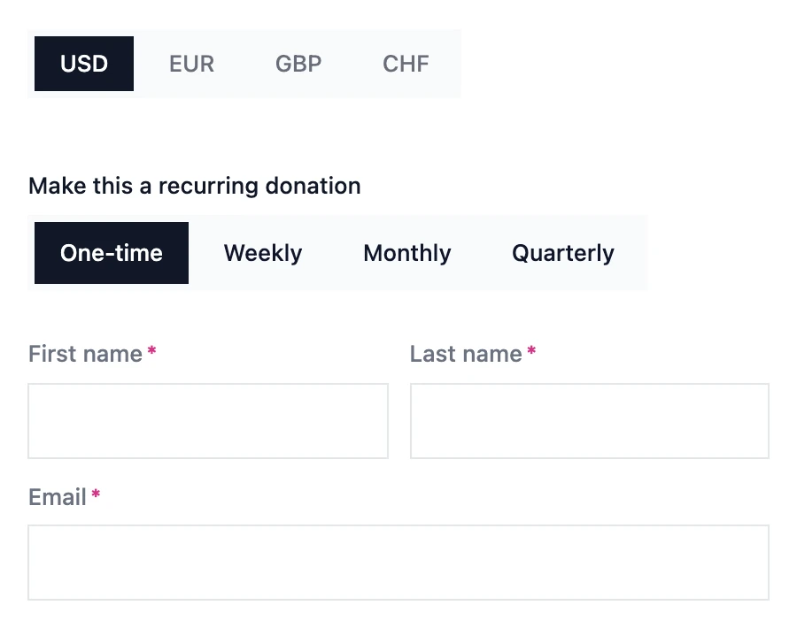 Currency switcher block on a donation form