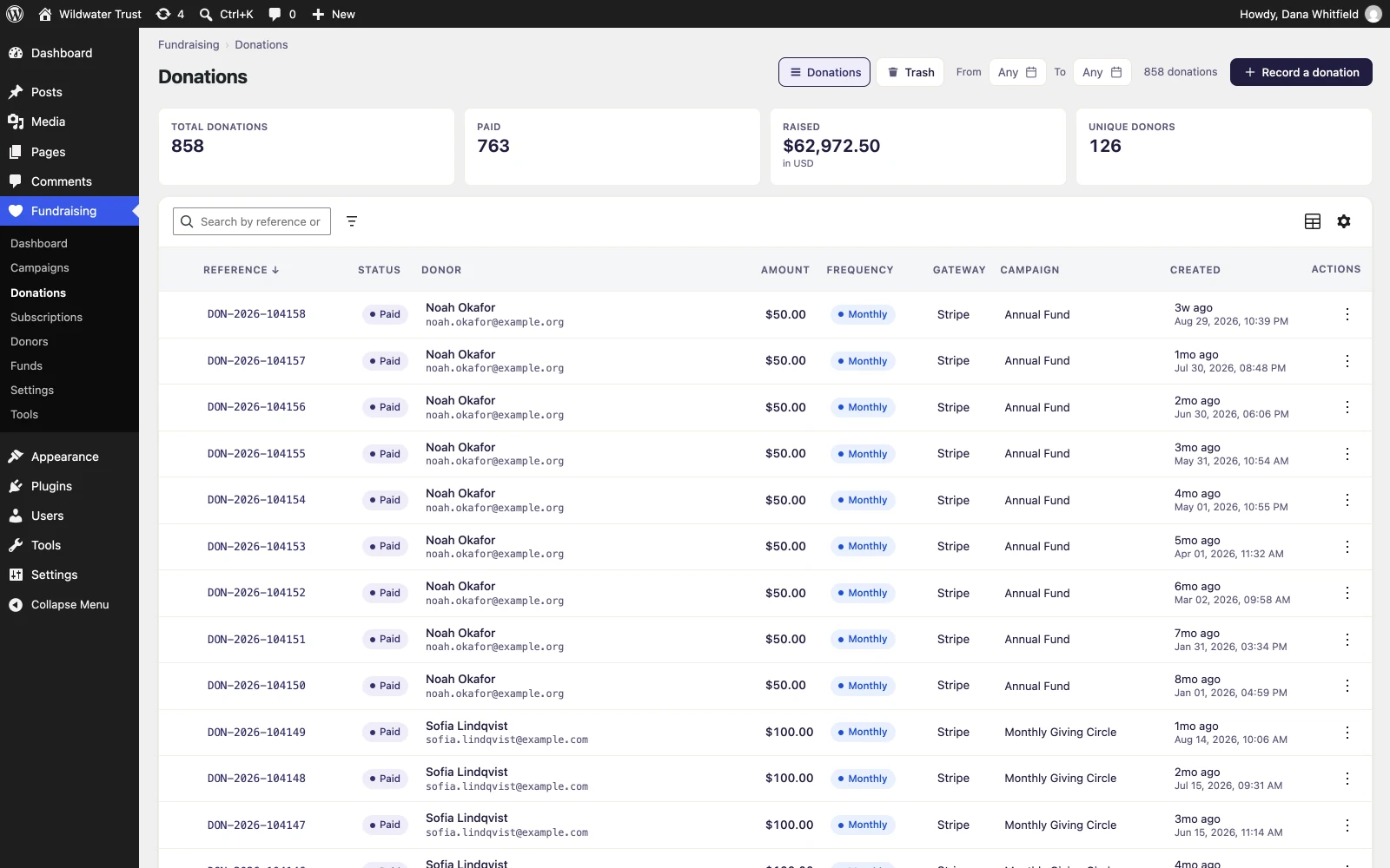 Donations list page