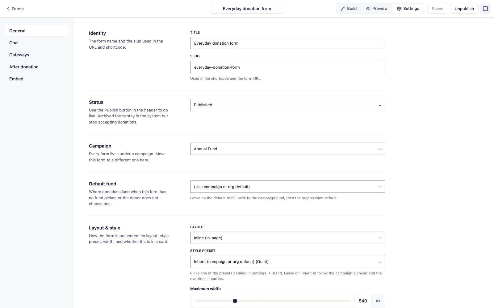 Form settings panel