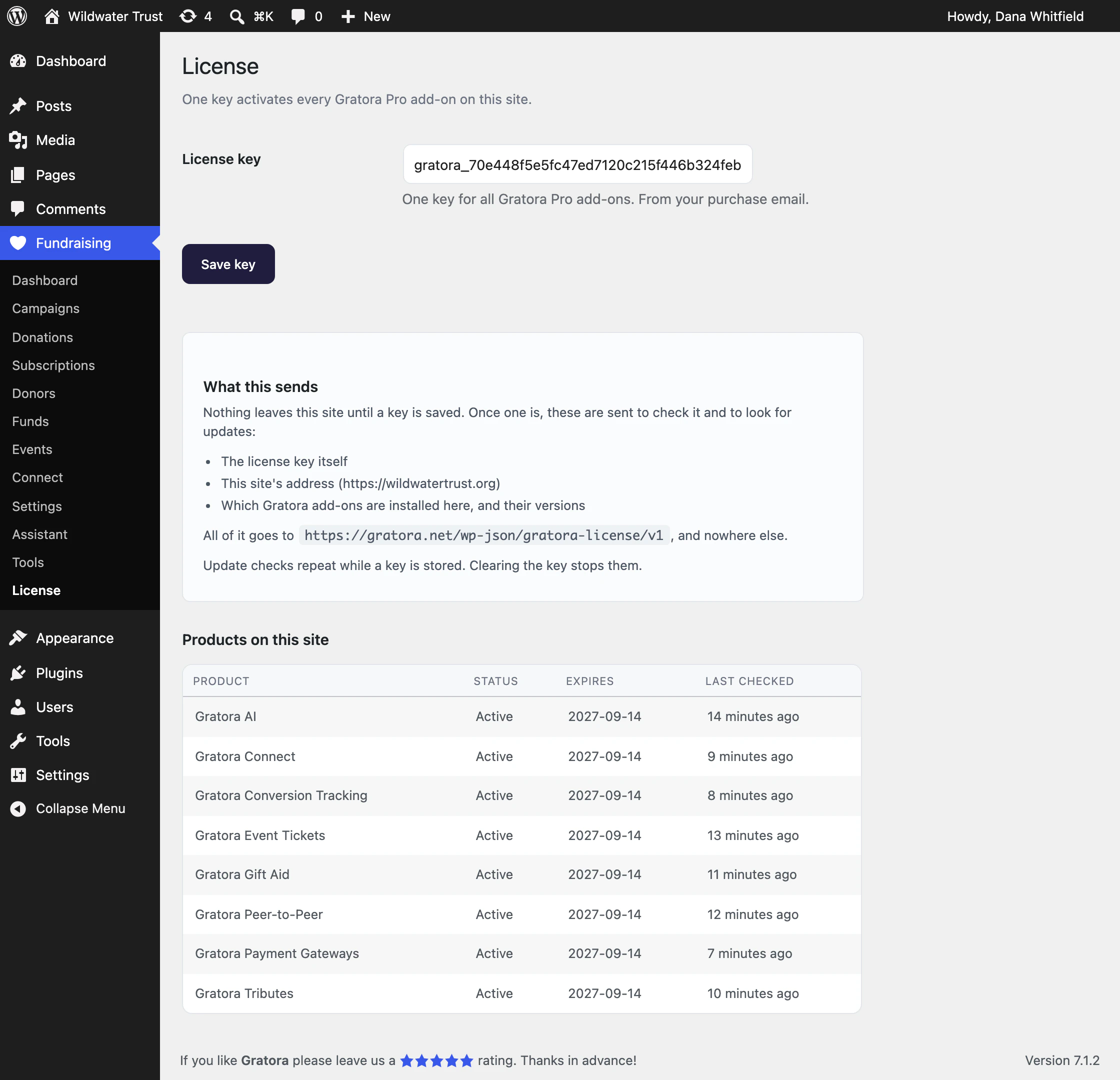 The License screen with a saved key and every add-on active