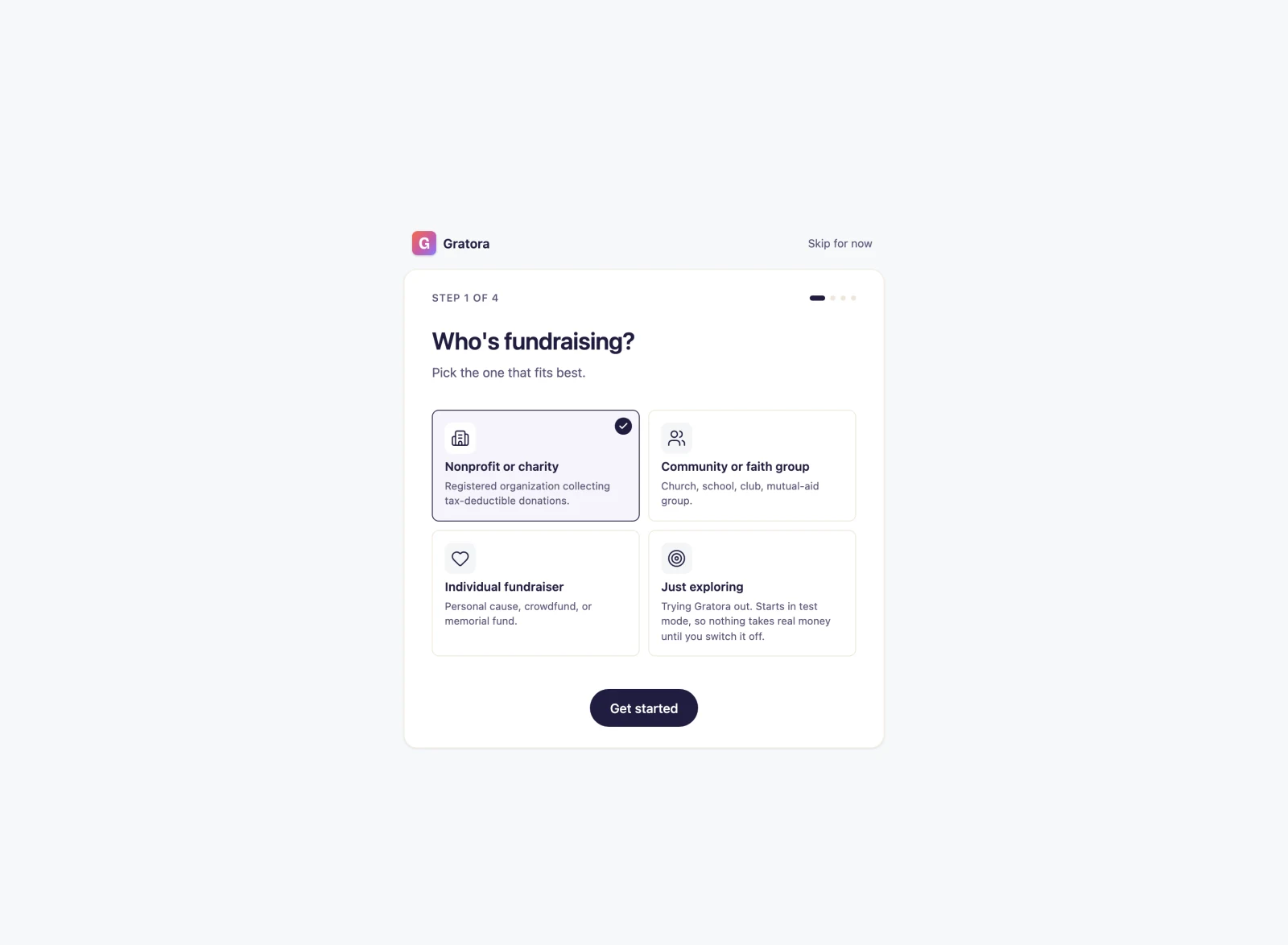 Onboarding step 1 with fundraiser type