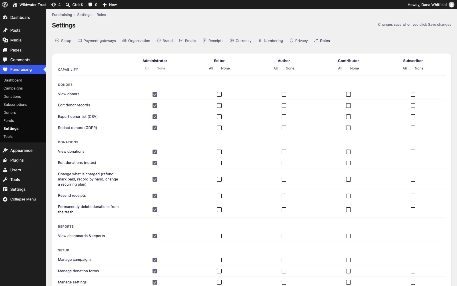 Roles settings capability matrix